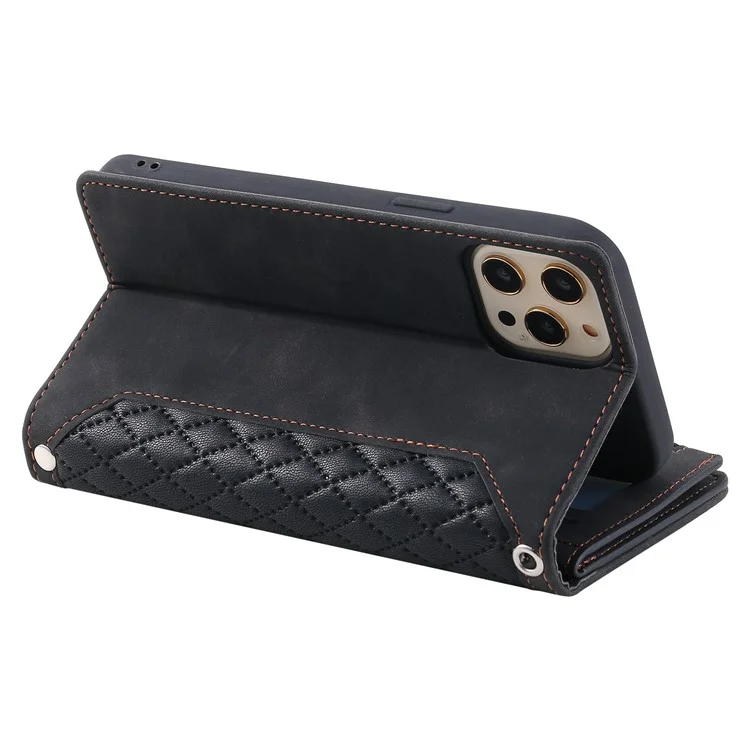 005 Style Phone Wallet Case For iPhone 12 6.1 inch / 12 Pro 6.1 inch, Card Holder Anti-drop PU Leather Rhombus Texture Zipper Pocket Phone Cover Stand with Strap - Black