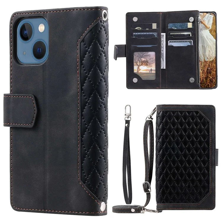 005 Style For iPhone 13 6.1 pulgadas, Funda de teléfono con bolsillo con cremallera a prueba de golpes Textura romboidal Flip Wallet Cover Stand with Strap Card Holder - Negro