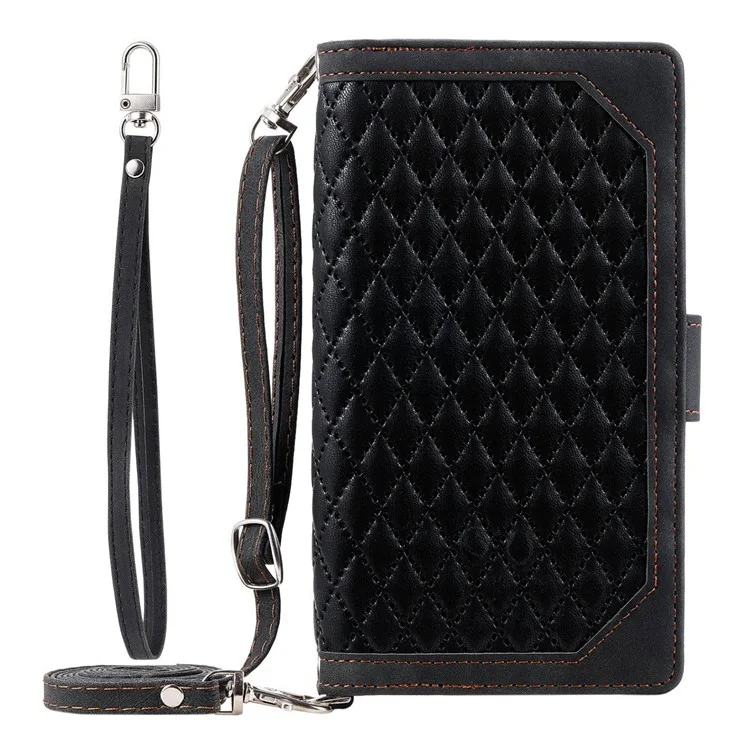 005 Style For iPhone 13 6.1 pulgadas, Funda de teléfono con bolsillo con cremallera a prueba de golpes Textura romboidal Flip Wallet Cover Stand with Strap Card Holder - Negro