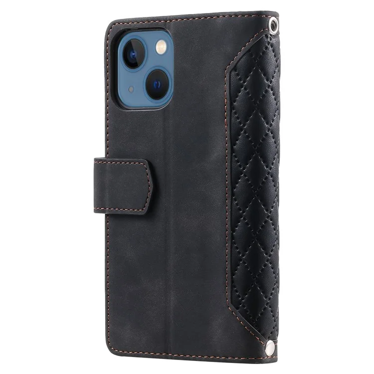 005 Style For iPhone 13 6.1 pulgadas, Funda de teléfono con bolsillo con cremallera a prueba de golpes Textura romboidal Flip Wallet Cover Stand with Strap Card Holder - Negro