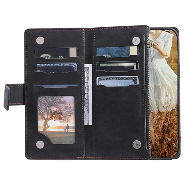 005 Style For iPhone 13 6.1 pulgadas, Funda de teléfono con bolsillo con cremallera a prueba de golpes Textura romboidal Flip Wallet Cover Stand with Strap Card Holder - Negro