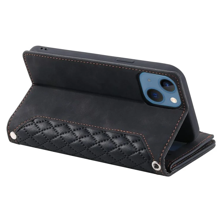 005 Style For iPhone 13 6.1 pulgadas, Funda de teléfono con bolsillo con cremallera a prueba de golpes Textura romboidal Flip Wallet Cover Stand with Strap Card Holder - Negro
