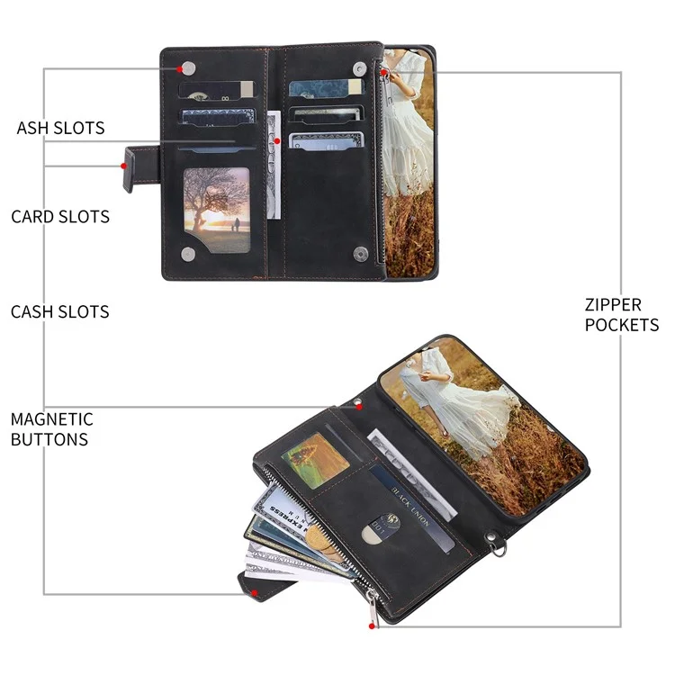 005 Style For iPhone 13 6.1 pulgadas, Funda de teléfono con bolsillo con cremallera a prueba de golpes Textura romboidal Flip Wallet Cover Stand with Strap Card Holder - Negro