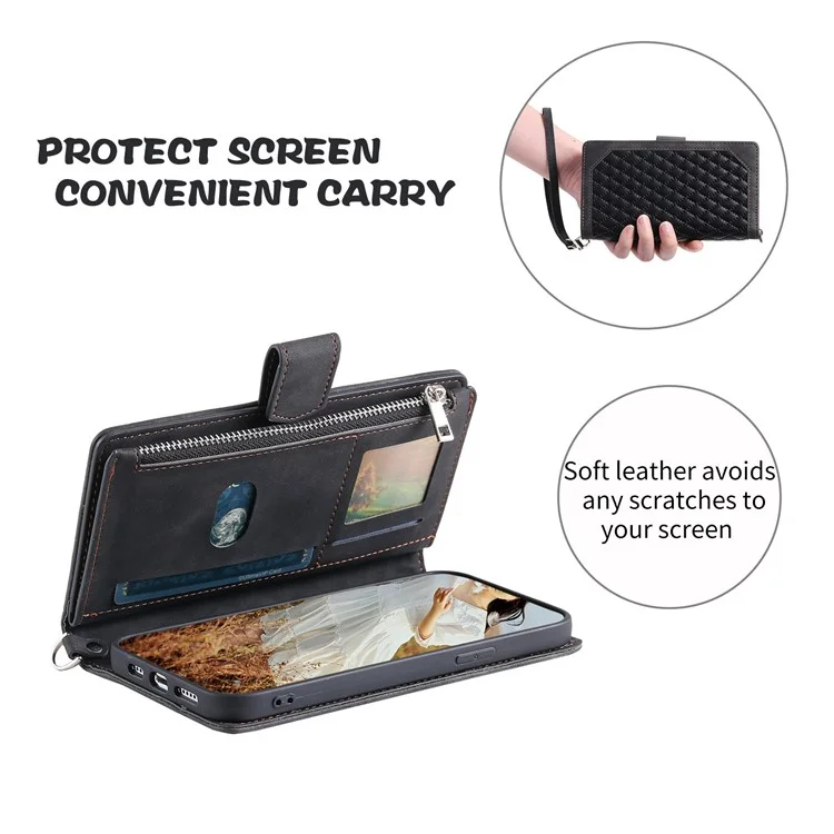 005 Style For iPhone 13 6.1 pulgadas, Funda de teléfono con bolsillo con cremallera a prueba de golpes Textura romboidal Flip Wallet Cover Stand with Strap Card Holder - Negro