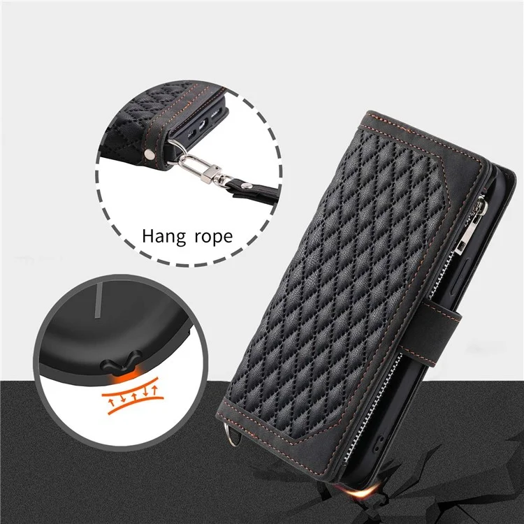 005 Style For iPhone 13 6.1 pulgadas, Funda de teléfono con bolsillo con cremallera a prueba de golpes Textura romboidal Flip Wallet Cover Stand with Strap Card Holder - Negro