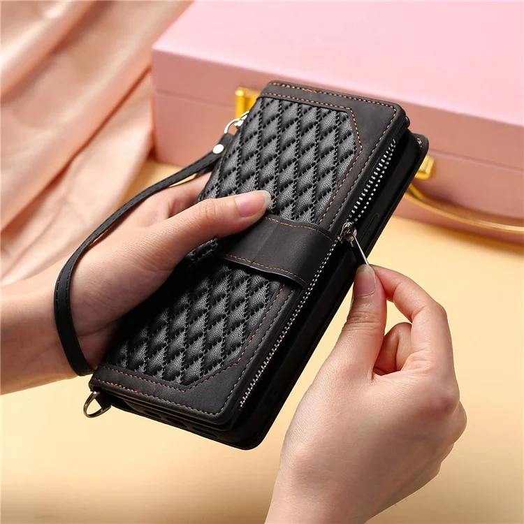 005 Style For iPhone 13 6.1 pulgadas, Funda de teléfono con bolsillo con cremallera a prueba de golpes Textura romboidal Flip Wallet Cover Stand with Strap Card Holder - Negro