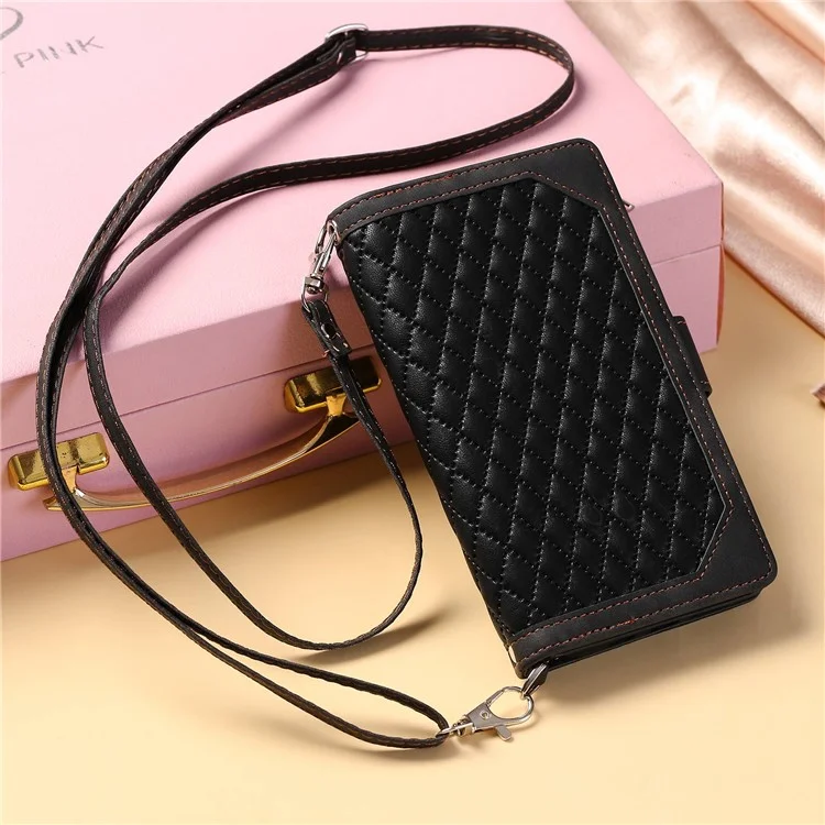 005 Style For iPhone 13 6.1 pulgadas, Funda de teléfono con bolsillo con cremallera a prueba de golpes Textura romboidal Flip Wallet Cover Stand with Strap Card Holder - Negro