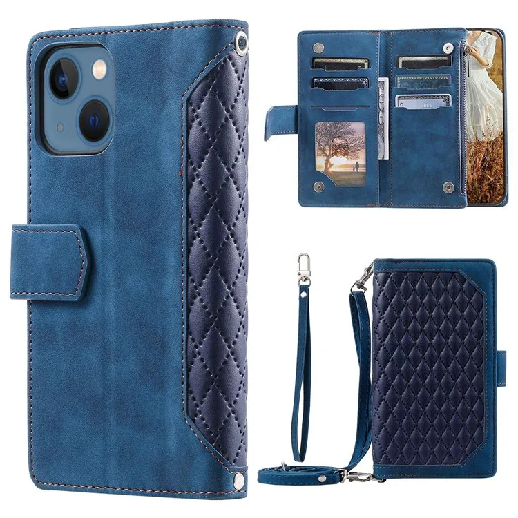 005 estilo para iPhone 13 de 6.1 pulgadas, funda de cartera con bolsillo con cremallera a prueba de caídas, textura de rombo, tapa plegable con soporte, portador de tarjetas - azul