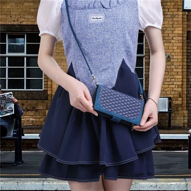 005 estilo para iPhone 13 de 6.1 pulgadas, funda de cartera con bolsillo con cremallera a prueba de caídas, textura de rombo, tapa plegable con soporte, portador de tarjetas - azul