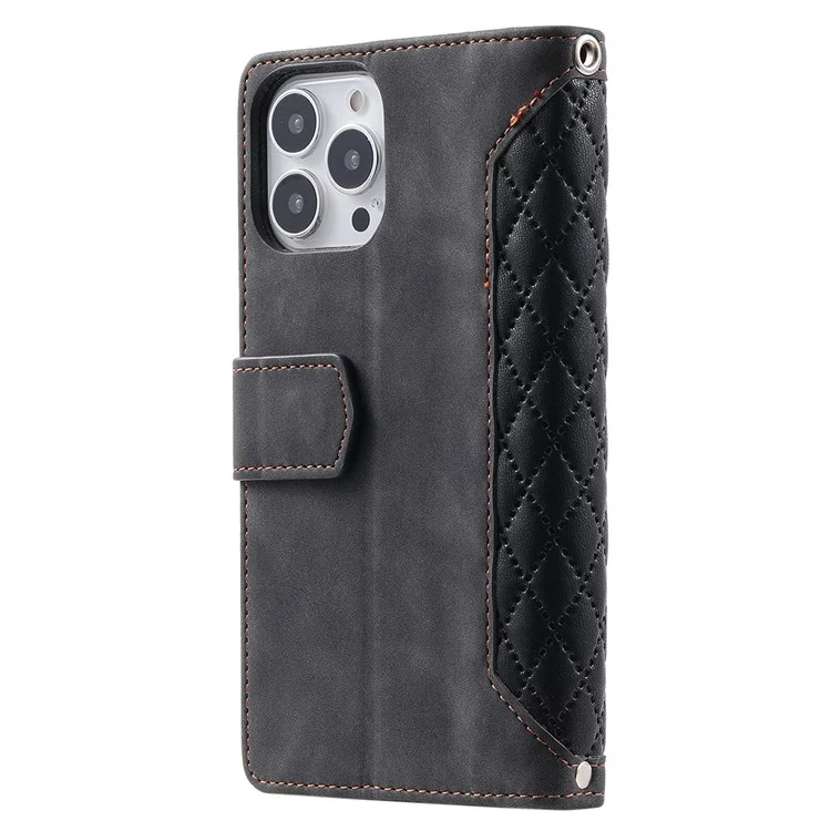 005 Style Téléphone Flip Leather Portefeuille Étui de Boîtier Pour Iphone 14 Pro 6,1 Pouces, Support de Carte Rosture Texture de Poche Zipper Pocket Protectrice Couverture de Téléphone Portable Anti-dépôt Avec Bracelet - le Noir