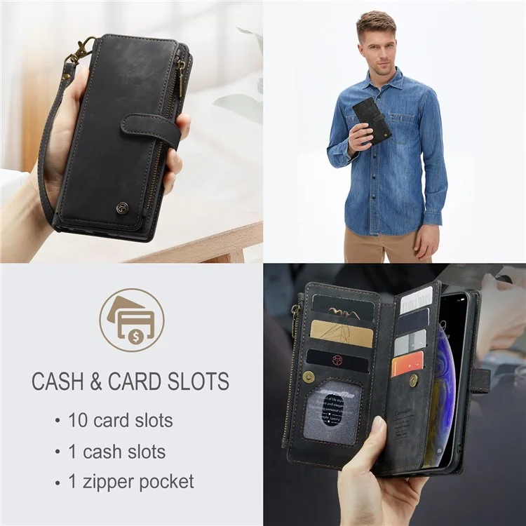 Série Caseme C30 Pour Iphone XS Max 6,5 Pouces Plusieurs Emplacements à Cartes Zipper Pocket Portefeuille Téléphone pu Leather Anti-drop Cover - le Noir