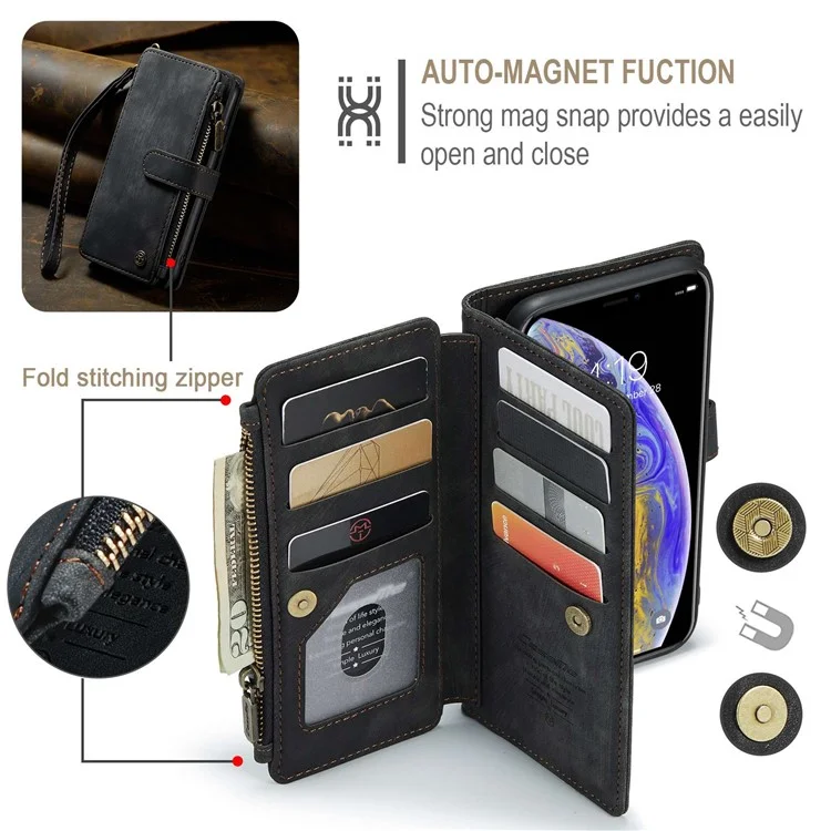 Série Caseme C30 Pour Iphone XS Max 6,5 Pouces Plusieurs Emplacements à Cartes Zipper Pocket Portefeuille Téléphone pu Leather Anti-drop Cover - le Noir