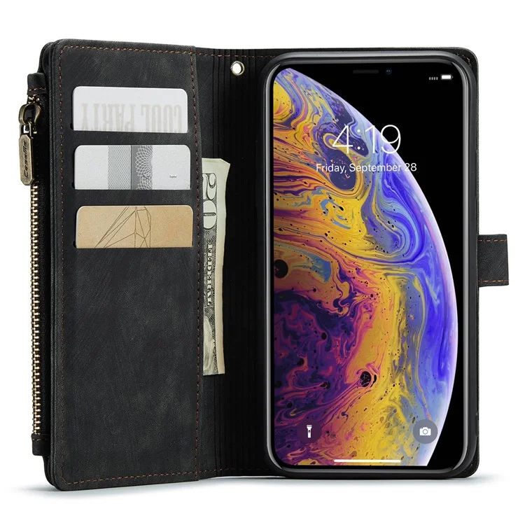 Série Caseme C30 Pour Iphone XS Max 6,5 Pouces Plusieurs Emplacements à Cartes Zipper Pocket Portefeuille Téléphone pu Leather Anti-drop Cover - le Noir