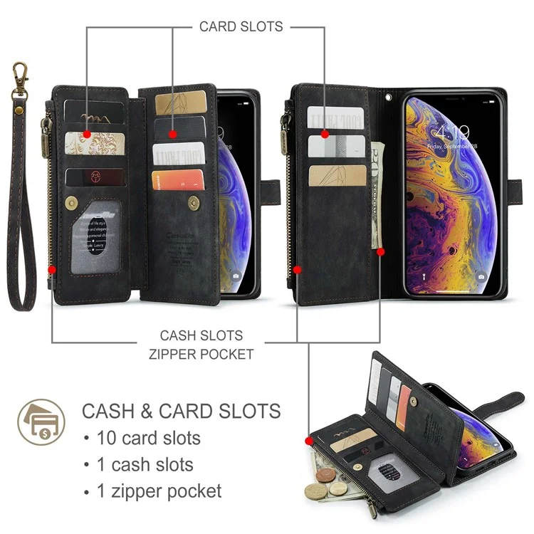 Série Caseme C30 Pour Iphone XS Max 6,5 Pouces Plusieurs Emplacements à Cartes Zipper Pocket Portefeuille Téléphone pu Leather Anti-drop Cover - le Noir