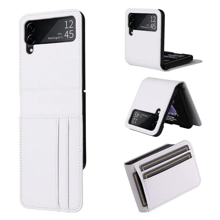 Für Samsung Galaxy Z Flip3 5G PU Leder Phone Hülle Carbonfaser Texturkartenhalter Anti-drop-faltabdeckung Beschützer - Weiß