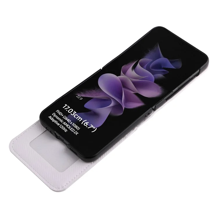 Für Samsung Galaxy Z Flip3 5G PU Leder Phone Hülle Carbonfaser Texturkartenhalter Anti-drop-faltabdeckung Beschützer - Weiß
