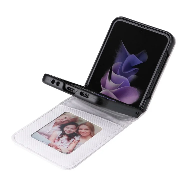 Für Samsung Galaxy Z Flip3 5G PU Leder Phone Hülle Carbonfaser Texturkartenhalter Anti-drop-faltabdeckung Beschützer - Weiß