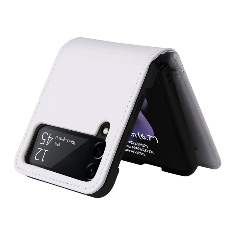 Für Samsung Galaxy Z Flip3 5G PU Leder Phone Hülle Carbonfaser Texturkartenhalter Anti-drop-faltabdeckung Beschützer - Weiß