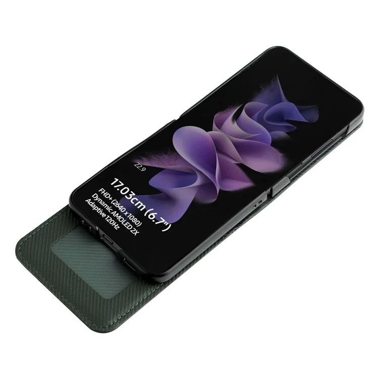Para Samsung Galaxy Z Flip3 5G Capa de Telefone de Couro PU Textura de Fibra de Carbono Titular de Cartão Anti-queda Capa Protetora Dobrável - Verde