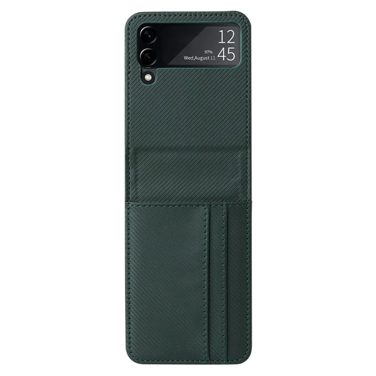 Para Samsung Galaxy Z Flip3 5G Capa de Telefone de Couro PU Textura de Fibra de Carbono Titular de Cartão Anti-queda Capa Protetora Dobrável - Verde