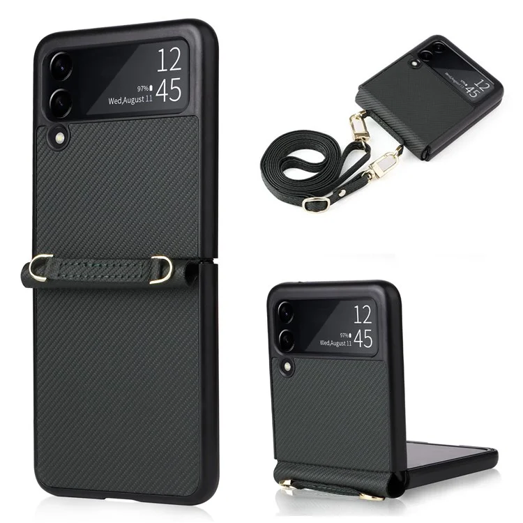 Para Samsung Galaxy Z Flip4 5G Textura de Fibra de Carbono Capa de Telefone de Uma Peça PU PU Cear - Verde