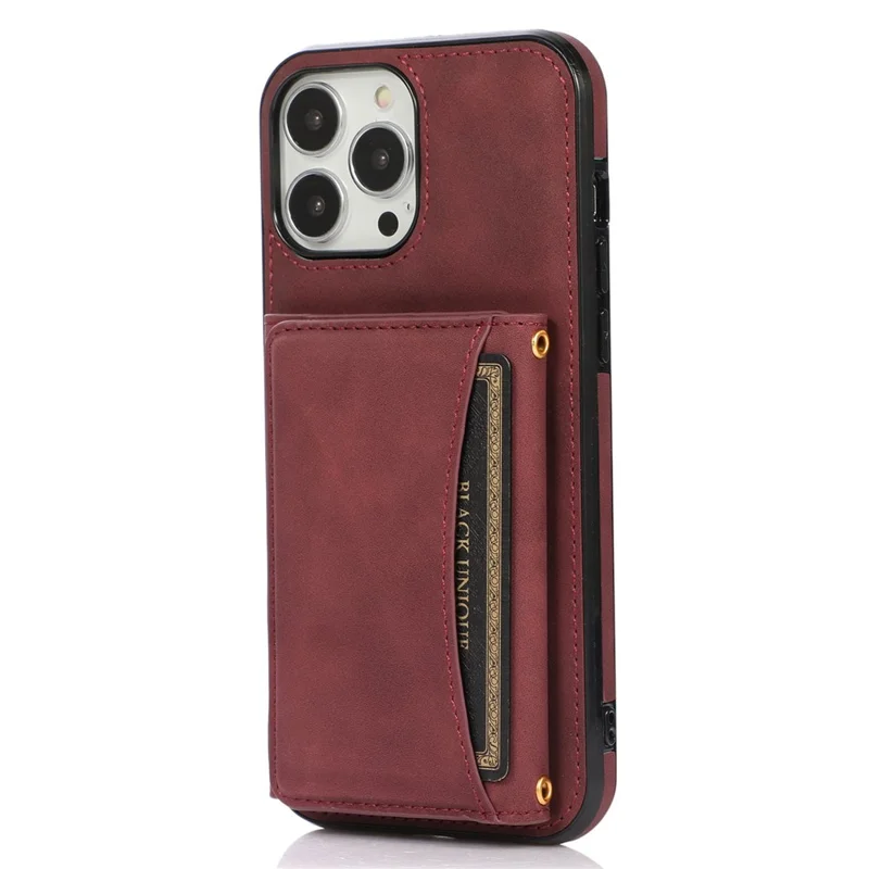 For iPhone 14 Pro 6.1 inch Shockproof Phone Wallet Case Kickstand Multifunctional Anti-Scratch Mobile Phone Back Cover Card Holder - Wine Red