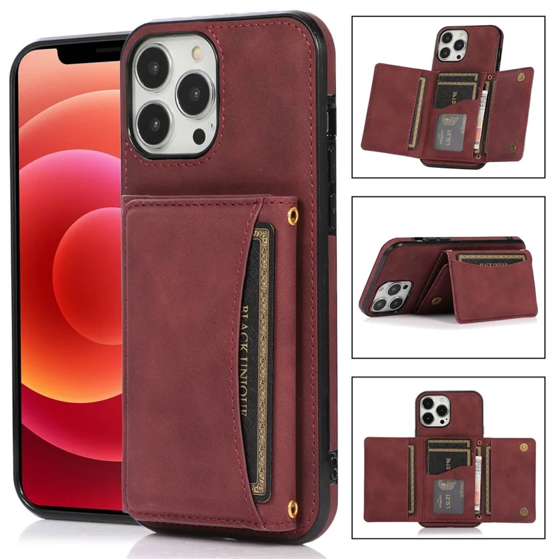 For iPhone 14 Pro 6.1 inch Shockproof Phone Wallet Case Kickstand Multifunctional Anti-Scratch Mobile Phone Back Cover Card Holder - Wine Red