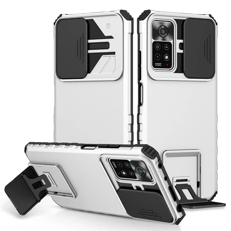 Для Xiaomi Redmi Note 11 Pro 5G (Qualcomm) / Note 11 Pro 4G (MediaTek), Hands-free Kickstand PC + TPU Back Cover Slide Camera Protection Anti-scratch Phone Case - White