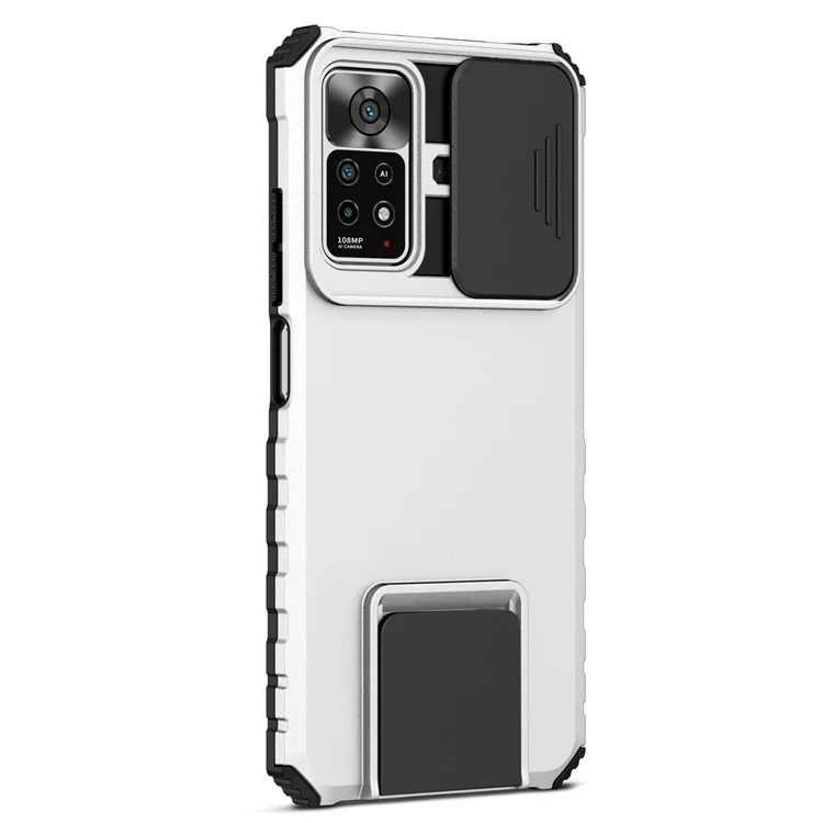 Для Xiaomi Redmi Note 11 Pro 5G (Qualcomm) / Note 11 Pro 4G (MediaTek), Hands-free Kickstand PC + TPU Back Cover Slide Camera Protection Anti-scratch Phone Case - White