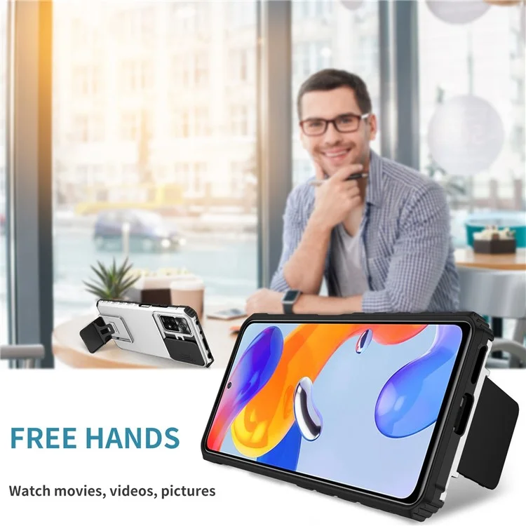 Для Xiaomi Redmi Note 11 Pro 5G (Qualcomm) / Note 11 Pro 4G (MediaTek), Hands-free Kickstand PC + TPU Back Cover Slide Camera Protection Anti-scratch Phone Case - White