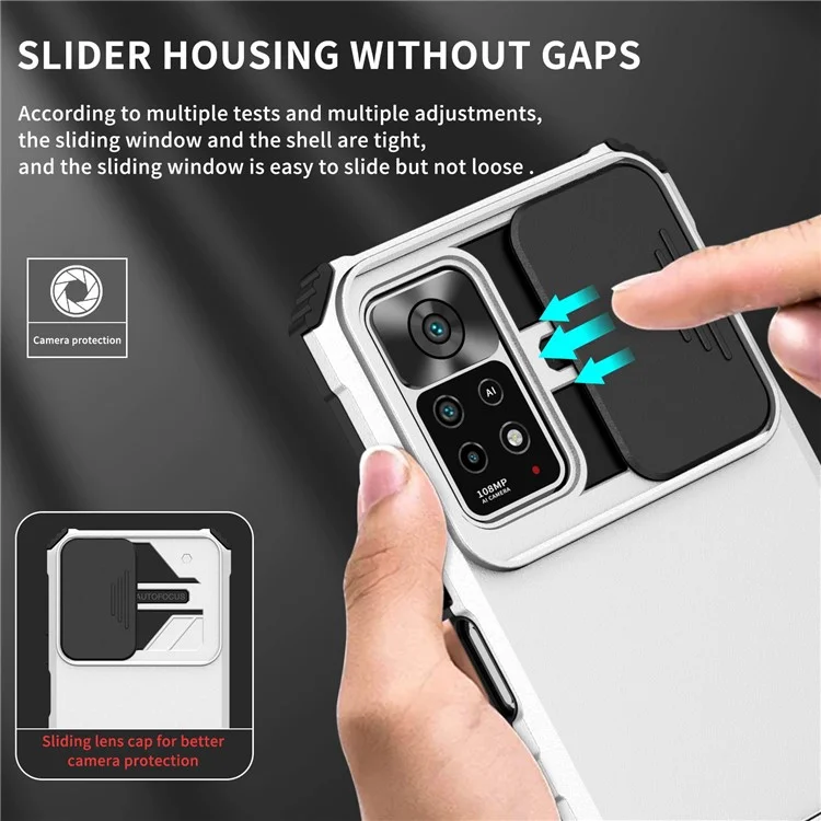 Для Xiaomi Redmi Note 11 Pro 5G (Qualcomm) / Note 11 Pro 4G (MediaTek), Hands-free Kickstand PC + TPU Back Cover Slide Camera Protection Anti-scratch Phone Case - White