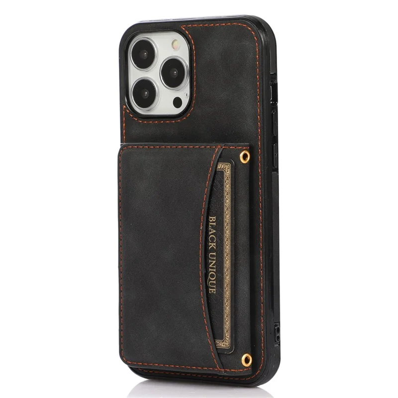 For iPhone 14 6.1 inch Drop-Proof Phone Wallet Case Kickstand Multifunctional Well-Protected Mobile Phone Back Cover Card Holder - Black