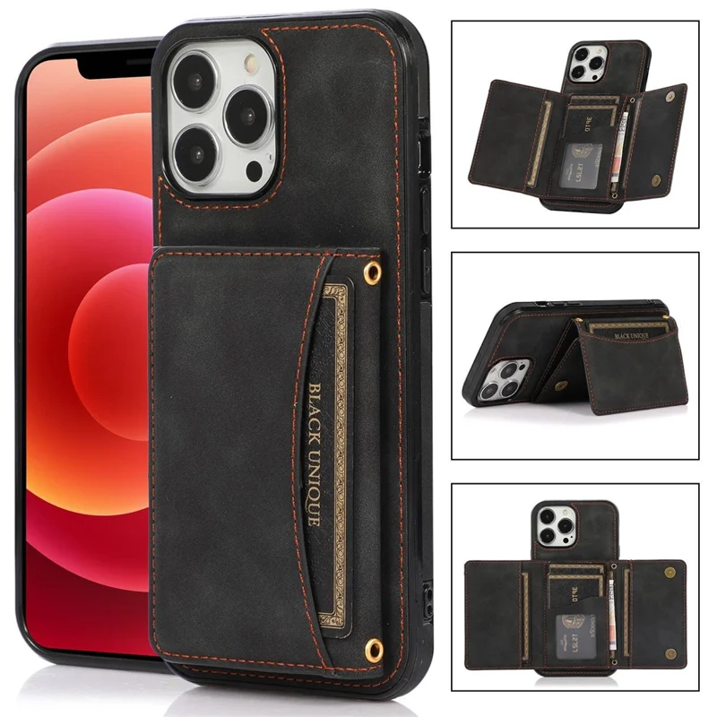 For iPhone 14 6.1 inch Drop-Proof Phone Wallet Case Kickstand Multifunctional Well-Protected Mobile Phone Back Cover Card Holder - Black