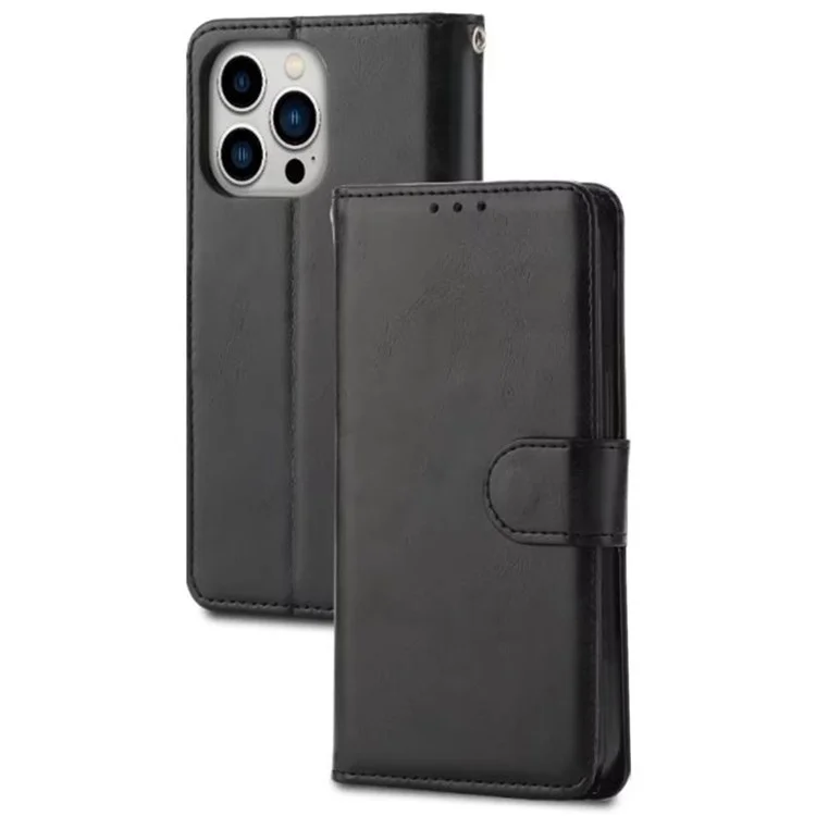 Für iPhone 14 Pro Max 6,7 Zoll Anti-Scratch Crazy Horse Textur PU-Leder-Handy-Flip-Wallet-Case Faltbarer Ständer Schutzhülle für Mobiltelefone - Schwarz