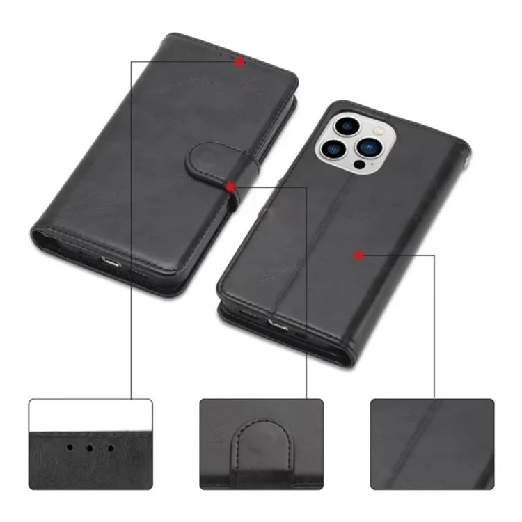 Für iPhone 14 Pro Max 6,7 Zoll Anti-Scratch Crazy Horse Textur PU-Leder-Handy-Flip-Wallet-Case Faltbarer Ständer Schutzhülle für Mobiltelefone - Schwarz