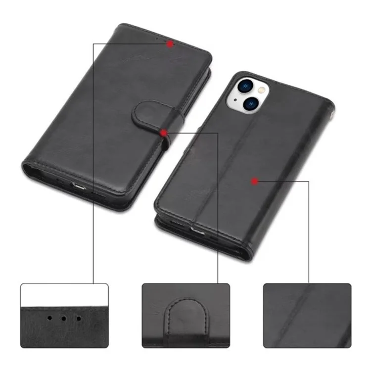 Pour iPhone 14 Plus 6,7 pouces Crazy Horse Texture PU Leather Phone Flip Wallet Case Foldable Stand Protective Phone Cover - Noir