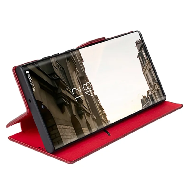 For Samsung Galaxy S22 Ultra 5G Card Holder PU Leather Cover Stand Folio Flip Protective Phone Case - Wine Red