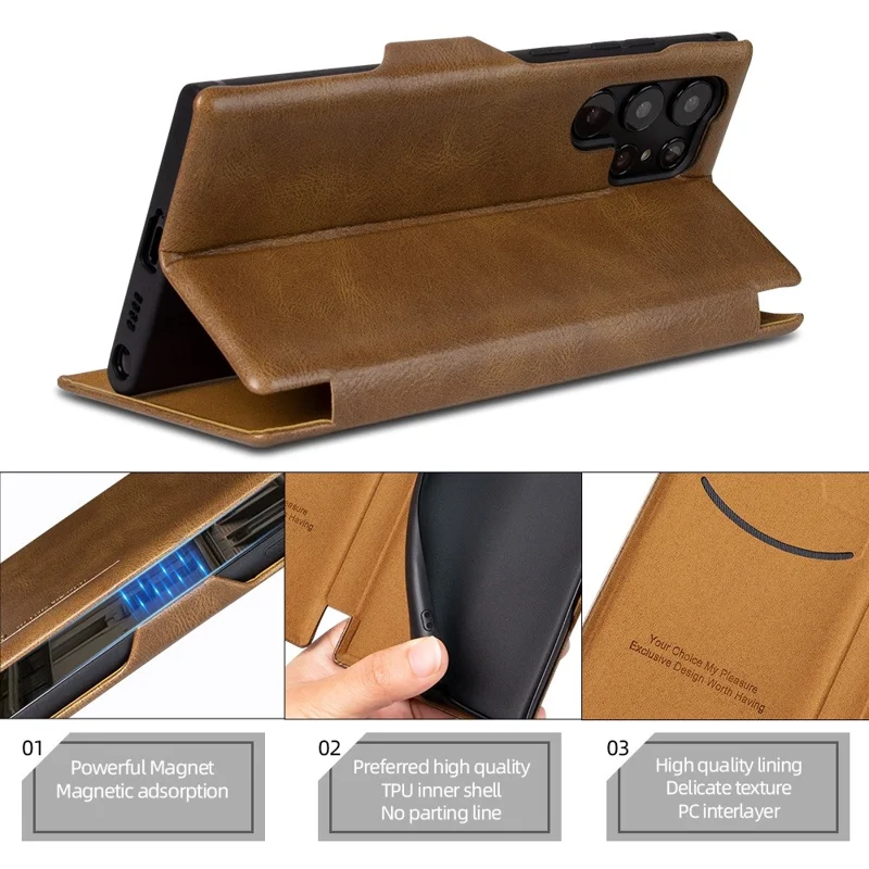 For Samsung Galaxy S22 Ultra 5G Card Holder PU Leather Cover Stand Folio Flip Protective Phone Case - Wine Red