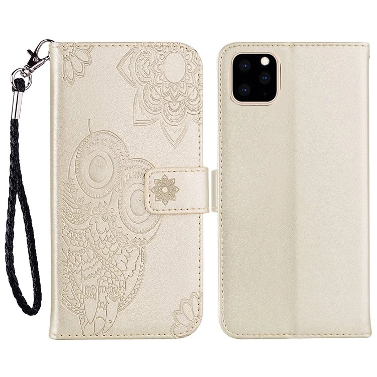 For iPhone 14 Pro Max 6.7 inch Shockproof Flip Wallet Case Stand with Imprinted Owl Flower Pattern Full Protection PU Leather Phone Cover - Gold