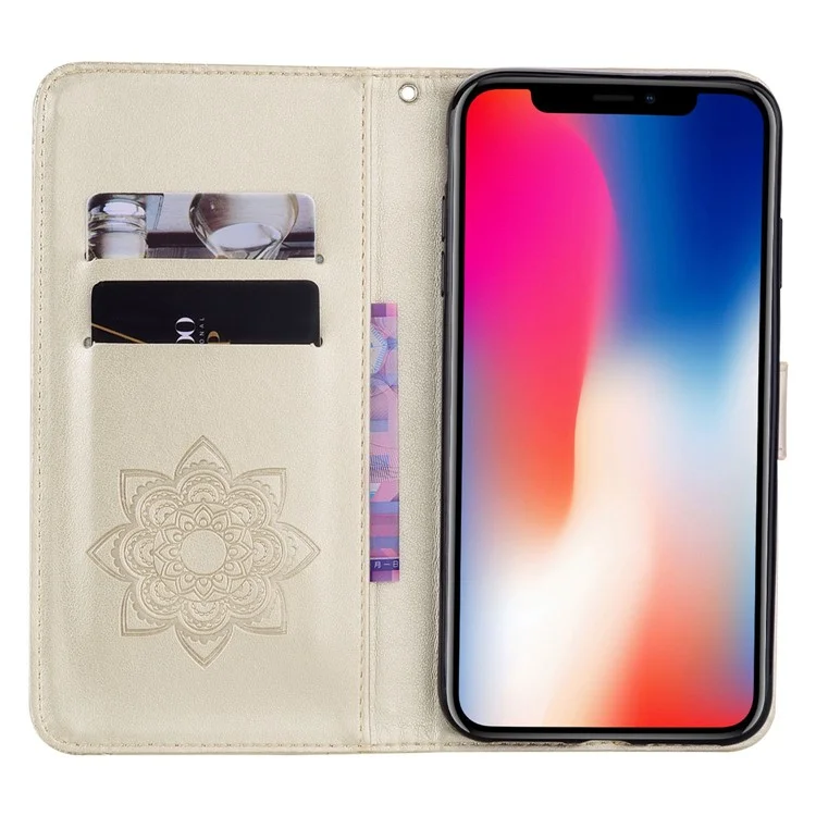 For iPhone 14 Pro Max 6.7 inch Shockproof Flip Wallet Case Stand with Imprinted Owl Flower Pattern Full Protection PU Leather Phone Cover - Gold