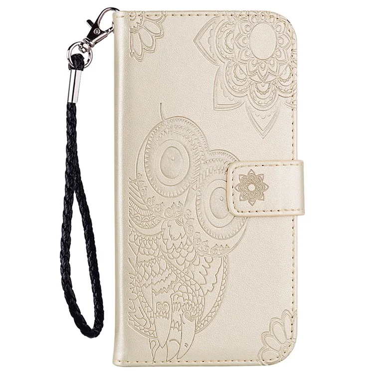 For iPhone 14 Pro Max 6.7 inch Shockproof Flip Wallet Case Stand with Imprinted Owl Flower Pattern Full Protection PU Leather Phone Cover - Gold