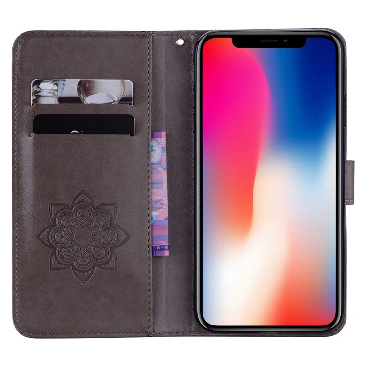 For iPhone 14 Pro 6.1 inch Anti-drop Imprinted Owl Flower Pattern PU Leather Flip Phone Case Scratch-resistant Wallet Stand Cover - Grey