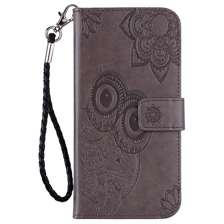 For iPhone 14 Pro 6.1 inch Anti-drop Imprinted Owl Flower Pattern PU Leather Flip Phone Case Scratch-resistant Wallet Stand Cover - Grey