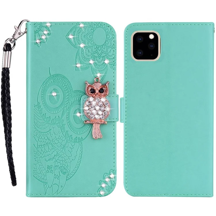 Per iPhone 14 Pro Max 6.7 pollici Gufo Fiore Stampato Portafoglio Stand Custodia per telefono in pelle PU Decorazione Rhinestone Folio Flip Cover - Ciano
