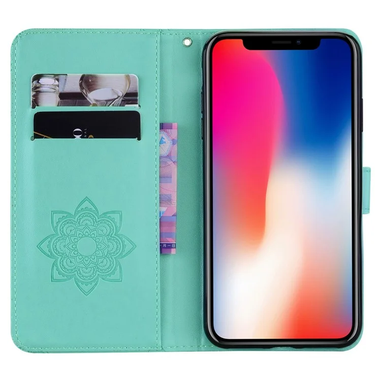 Per iPhone 14 Pro Max 6.7 pollici Gufo Fiore Stampato Portafoglio Stand Custodia per telefono in pelle PU Decorazione Rhinestone Folio Flip Cover - Ciano