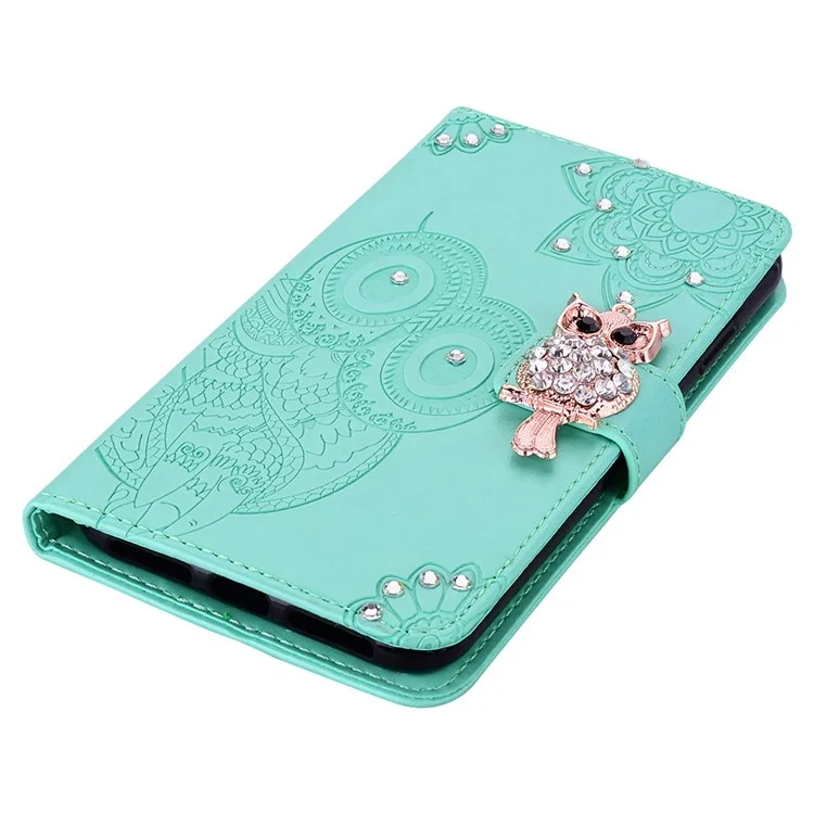 Per iPhone 14 Pro Max 6.7 pollici Gufo Fiore Stampato Portafoglio Stand Custodia per telefono in pelle PU Decorazione Rhinestone Folio Flip Cover - Ciano