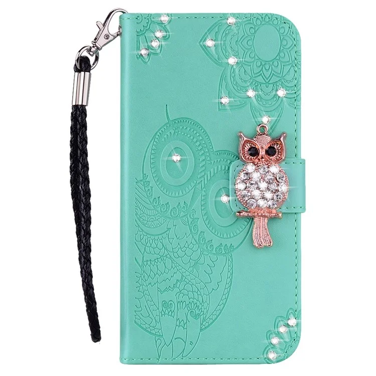 Per iPhone 14 Pro Max 6.7 pollici Gufo Fiore Stampato Portafoglio Stand Custodia per telefono in pelle PU Decorazione Rhinestone Folio Flip Cover - Ciano