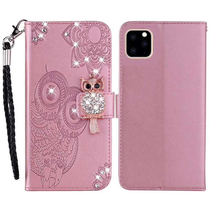 For iPhone 14 Pro 6.1 inch PU Leather Owl Flower Imprinted Wallet Stand Case Magnetic Clasp Rhinestone Decor Phone Cover - Rose Gold