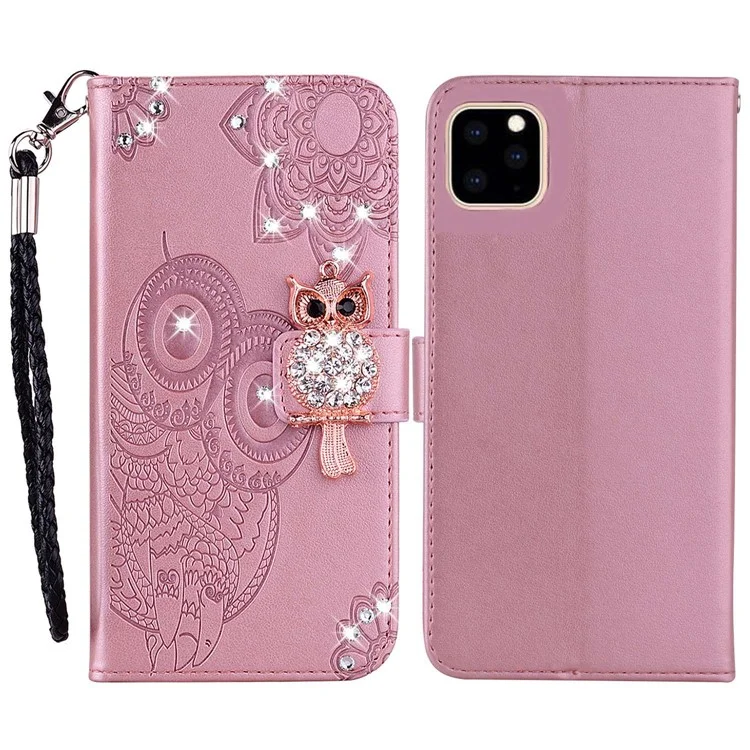 Rhinestone Decor Leather Case for iPhone 14 6.1 inch, Owl Flower Imprinted Phone Wallet Stand Cover - Rose Gold