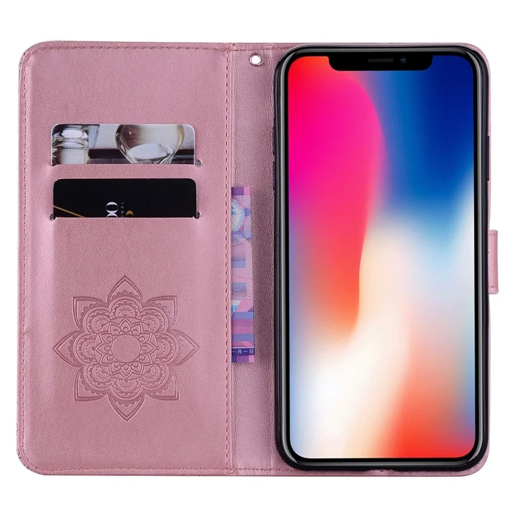 Rhinestone Decor Leather Case for iPhone 14 6.1 inch, Owl Flower Imprinted Phone Wallet Stand Cover - Rose Gold